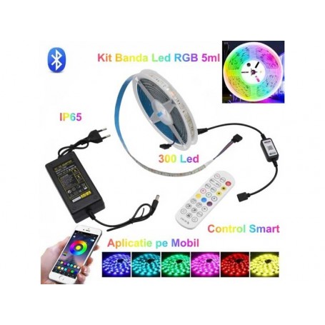 Kit banda led RGB 5050 cu bluetooth si telecomanda 5M